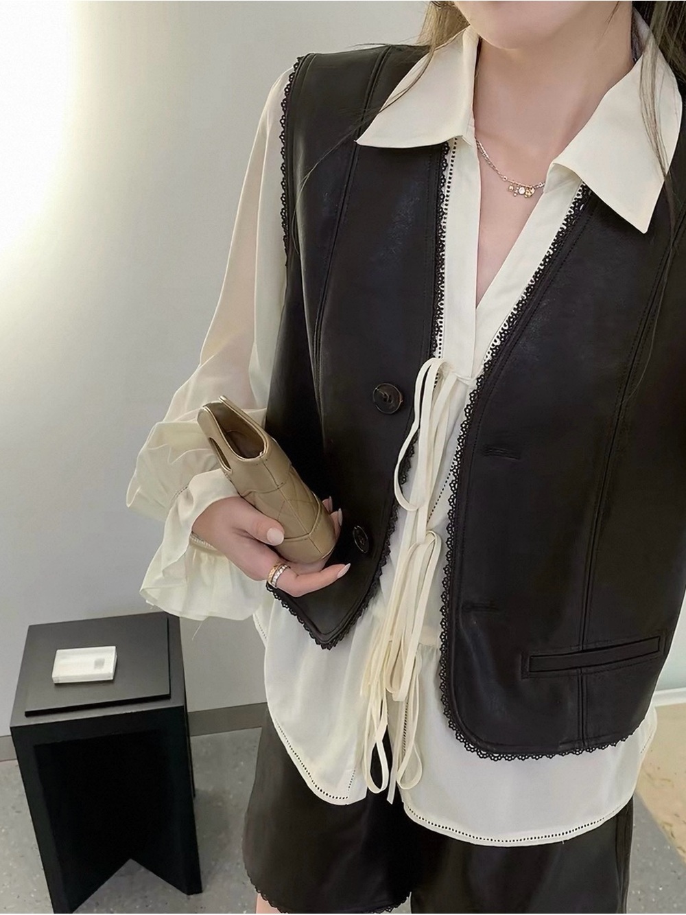 Boutique Brown Faux Leather Vest with Lace Trim - Women